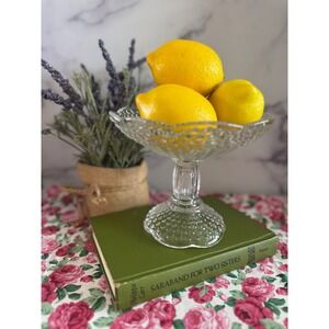 Vintage clear glass pedestal compote bowl, hob nail centerpiece dish